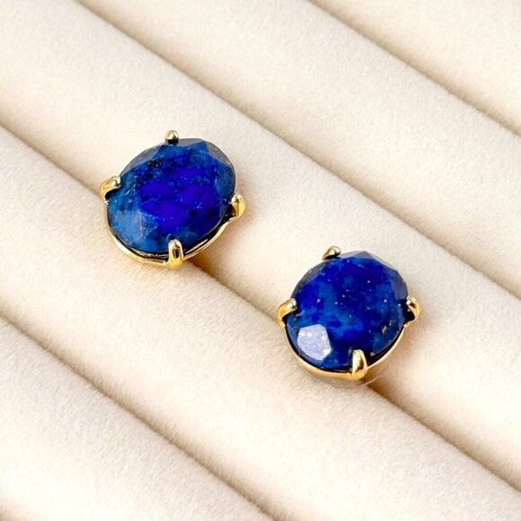 NWT Oval Stud Earrings Natural Lapis Lazuli 18K Gold Plated Setting - Picture 11 of 12